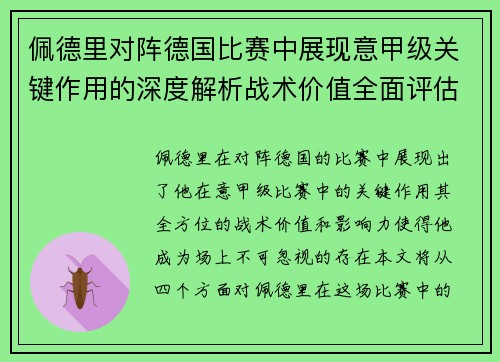 佩德里对阵德国比赛中展现意甲级关键作用的深度解析战术价值全面评估 佩德里对阵德国比赛中展现意甲级关键作用的深度解析战术价值全面评估
